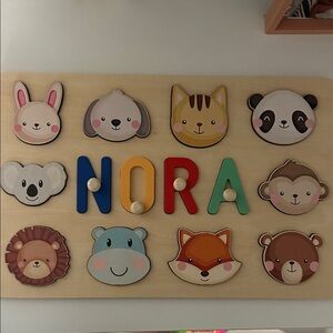 Personalized Wooden Name Puzzle - NORA - Colorful Animal Pieces